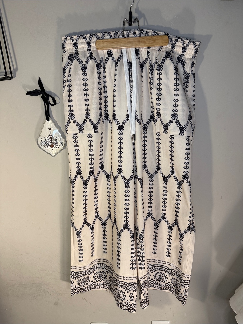White and Navy Embroidered looking Drawstring Pants very soft quality material